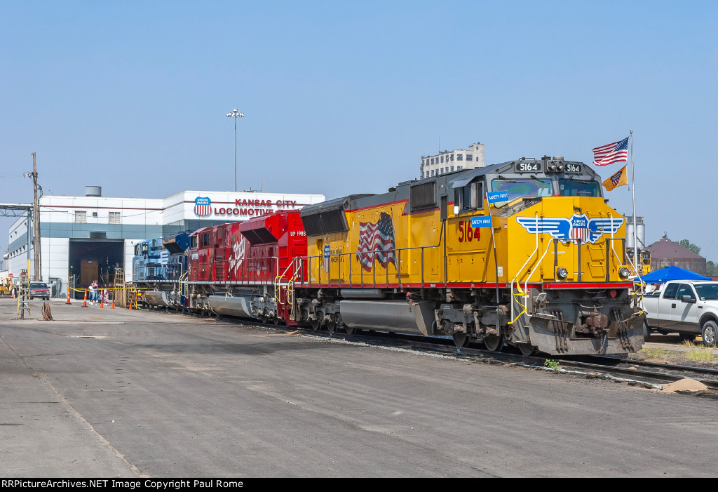 UP 5164, UP 1988, UP 1982 locomotives on display at Neff Yard for the UP shop Railroad Day event